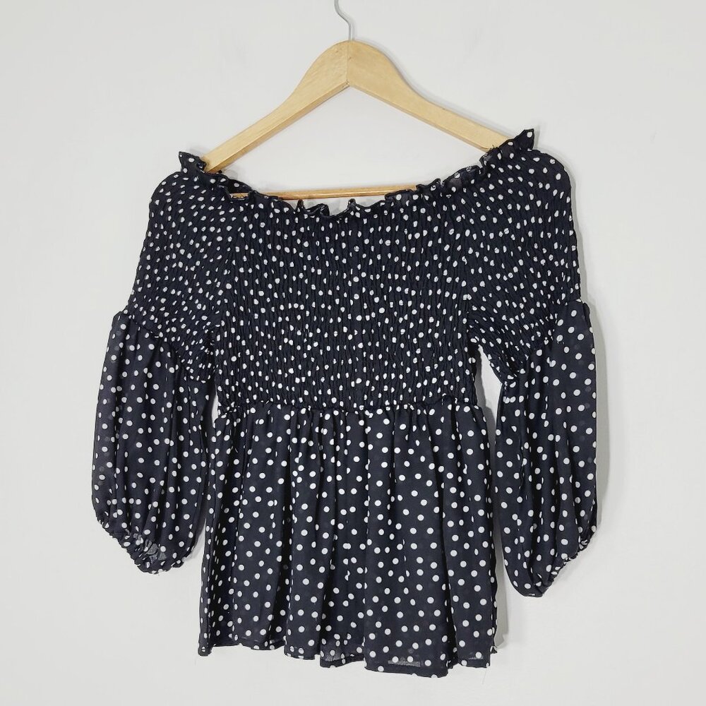 Qed London Women's Black Polka Dot Print Puff Sleeve Off Shoulder Blouse Size XS